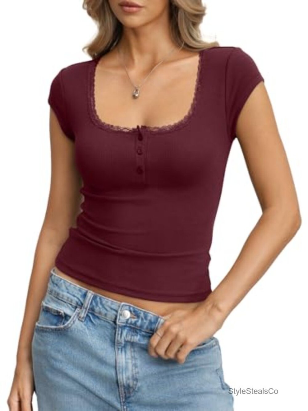 Lace Henley Crop Top Cotton Ribbed Cap Sleeve Blouse